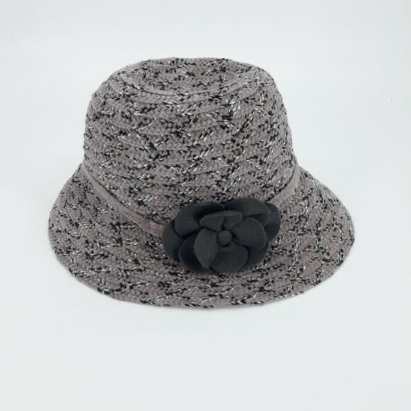 August Hat Lavender Gray Flecked Striped Flower Cloche Bucket Black Flower - Picture 2 of 10